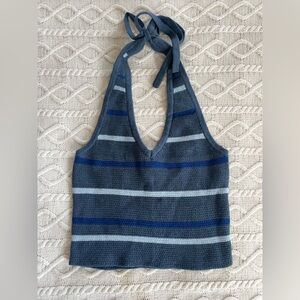 American Eagle Striped Knit Halter Tank Top - Blue Tones Juniors Size Small